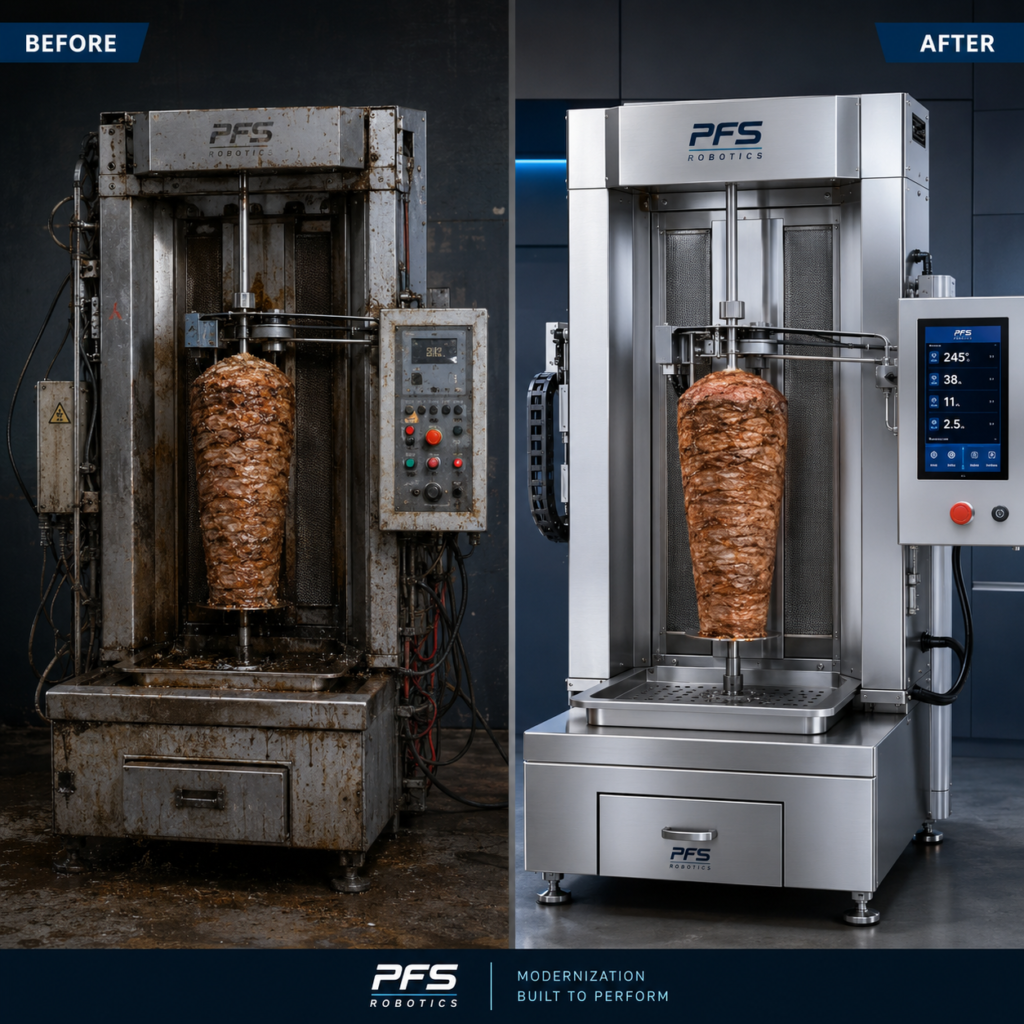 Solda eski ve arızalı döner robotu, sağda tamiri ve yenilemesi yapılmış temiz döner robotu