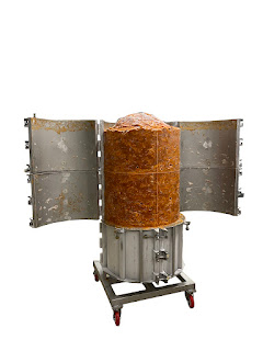 350 kg kapasiteli tekerlekli inox döner kalıbı, et taşımak ve döner hazırlamak için kullanılan silindir şeklinde paslanmaz çelik kalıp