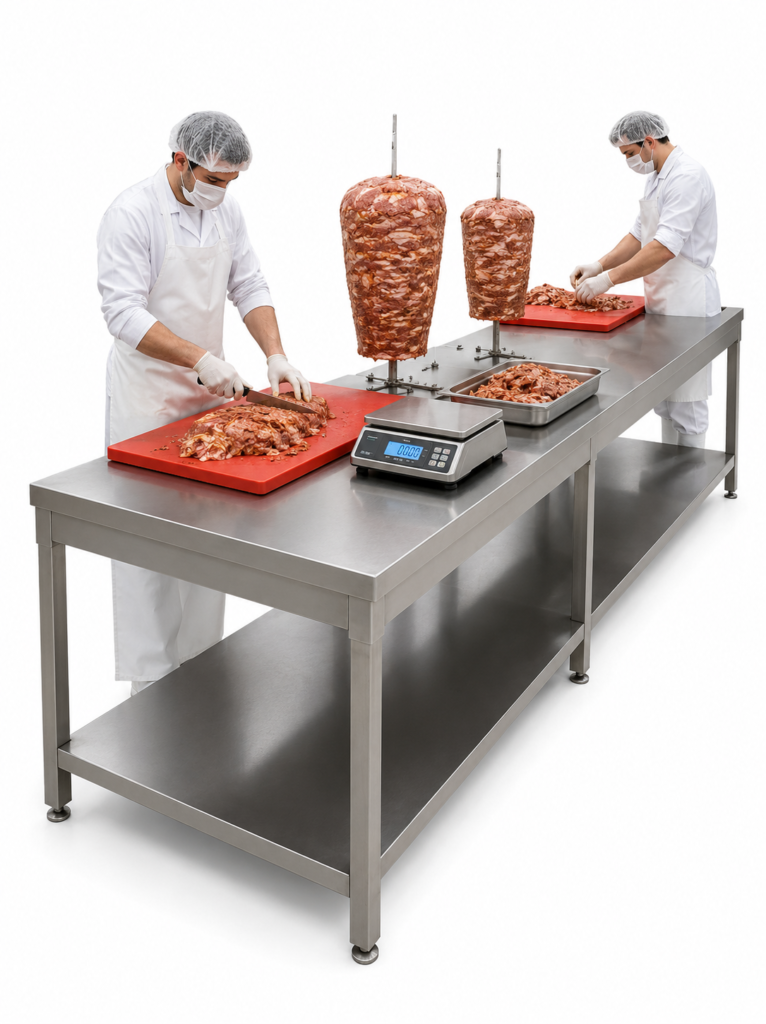 artılı ve et kesme tablalı paslanmaz döner hazırlık masası, endüstriyel döner üretiminde et hazırlama ve tartım işlemleri için kullanılır