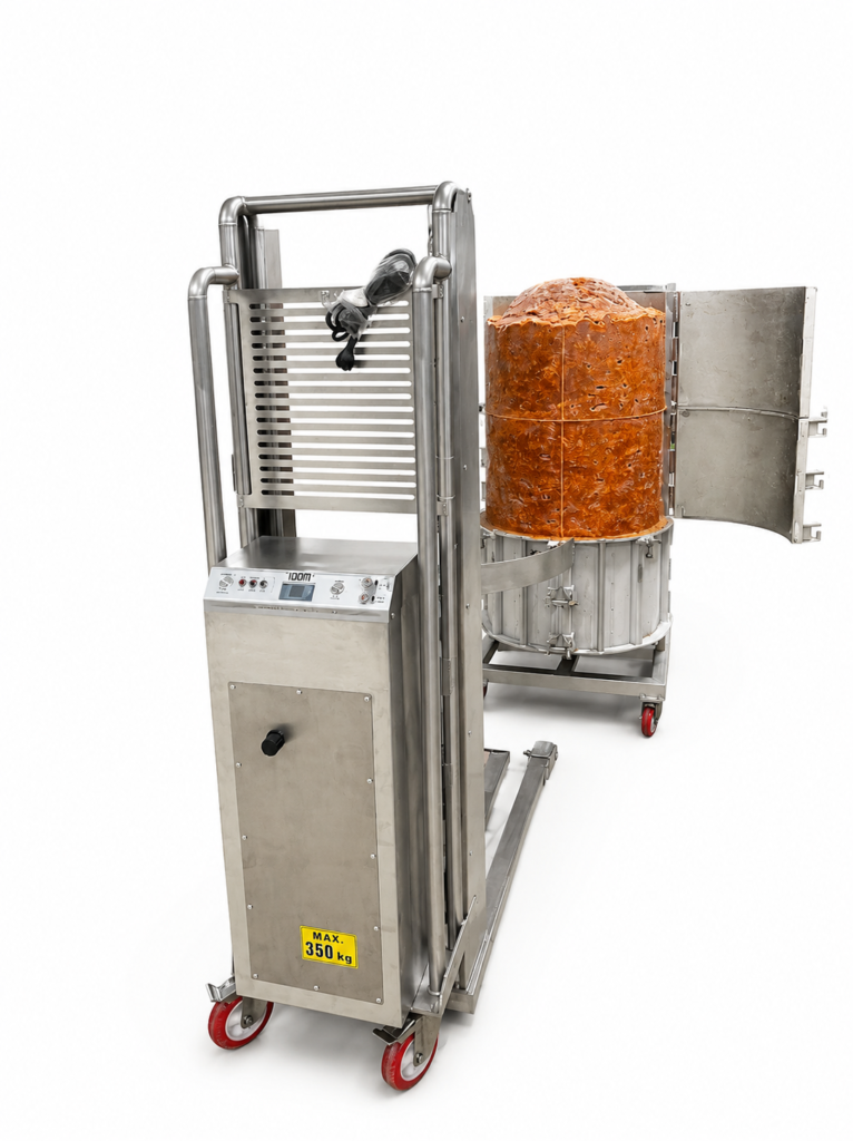 350 kg döneri kaldıran akülü elektrikli döner lifti, döneri güvenli şekilde yukarı kaldırarak döner robotuna takmaya yardımcı olur