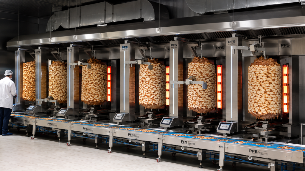 350 kg kapasiteli tavuk döner kesme robotu ile endüstriyel döner üretiminde otomatik kesim