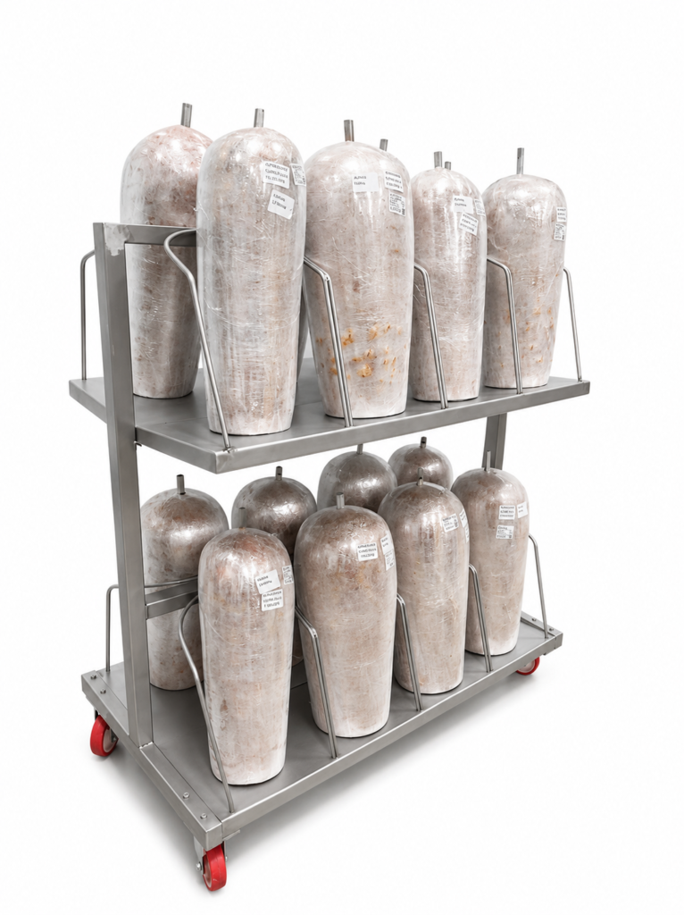 Alt bölümde 10 adet ve üst bölümde 10 adet olmak üzere toplam 20 adet 10-15 kg döneri dik şekilde taşıyabilen tekerlekli döner taşıma arabası
