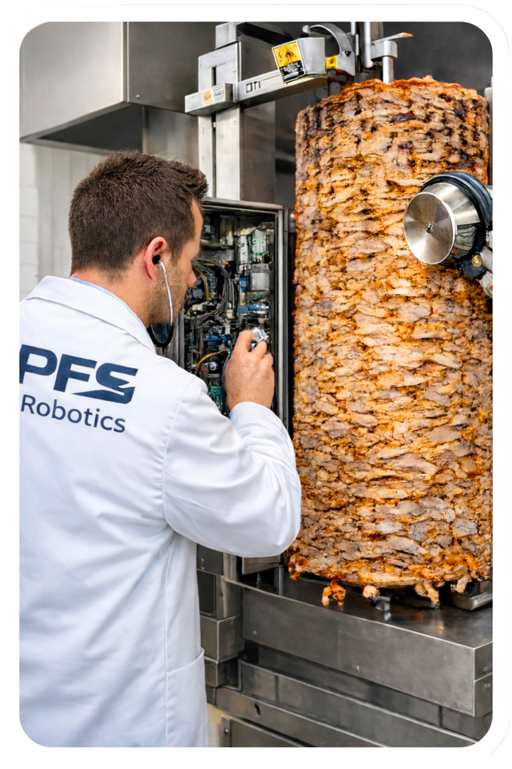 PFS tişörtlü teknisyen endüstriyel tesiste döner robotu tamiri yaparken mekanik ve elektronik parçaların detaylı görünümü