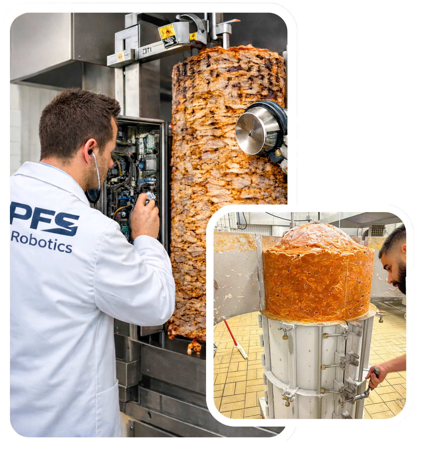 PFS Robotics teknisyeni endüstriyel döner kesme robotunun kontrol panelini bakım sırasında kontrol ediyor