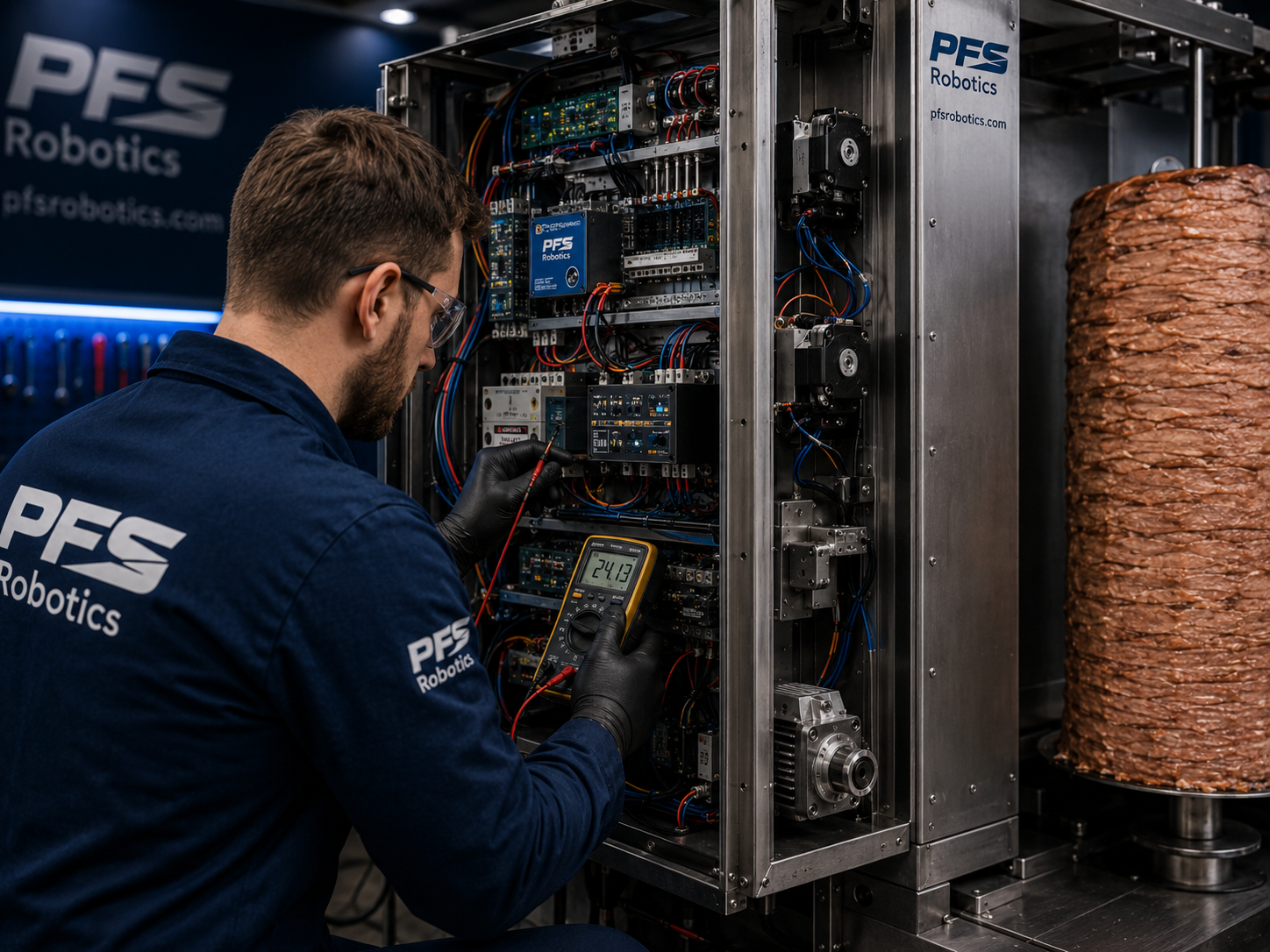 Endüstriyel döner robotu modernizasyonu sırasında PLC kontrol paneli onaran teknisyen, sensör ve step motor testleri yapıyor