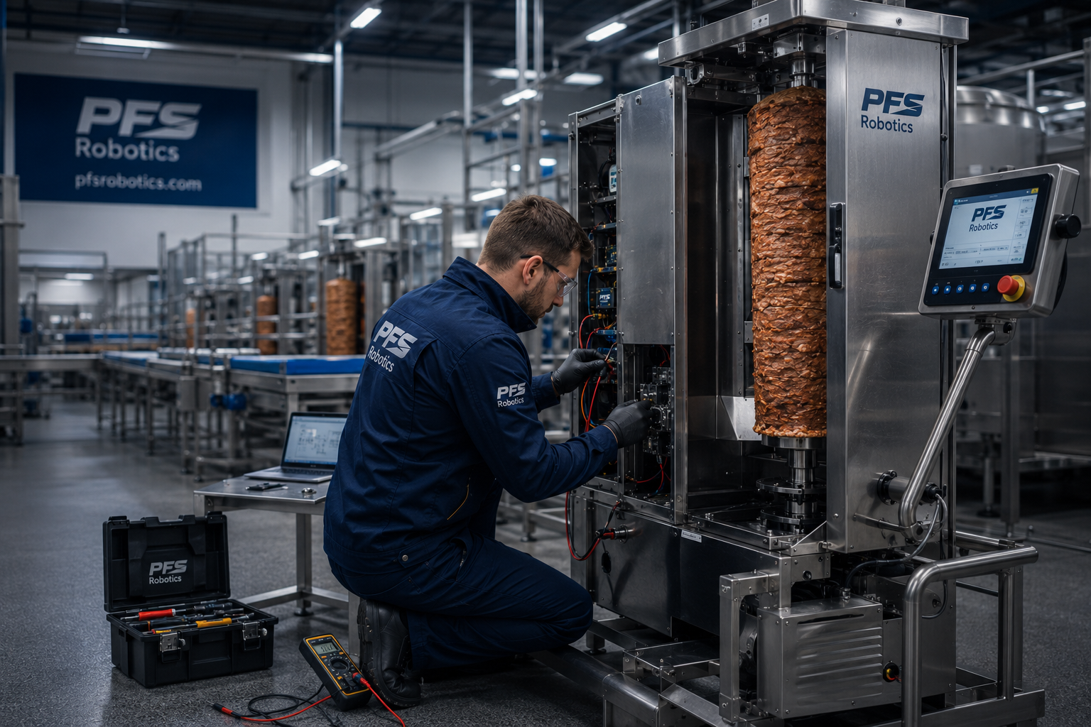 Avrupa’daki büyük bir gıda üretim tesisinde ticari döner robotu tamiri yapan saha servis teknisyeni, endüstriyel gıda makinesinde teknik kontrol gerçekleştiriyor