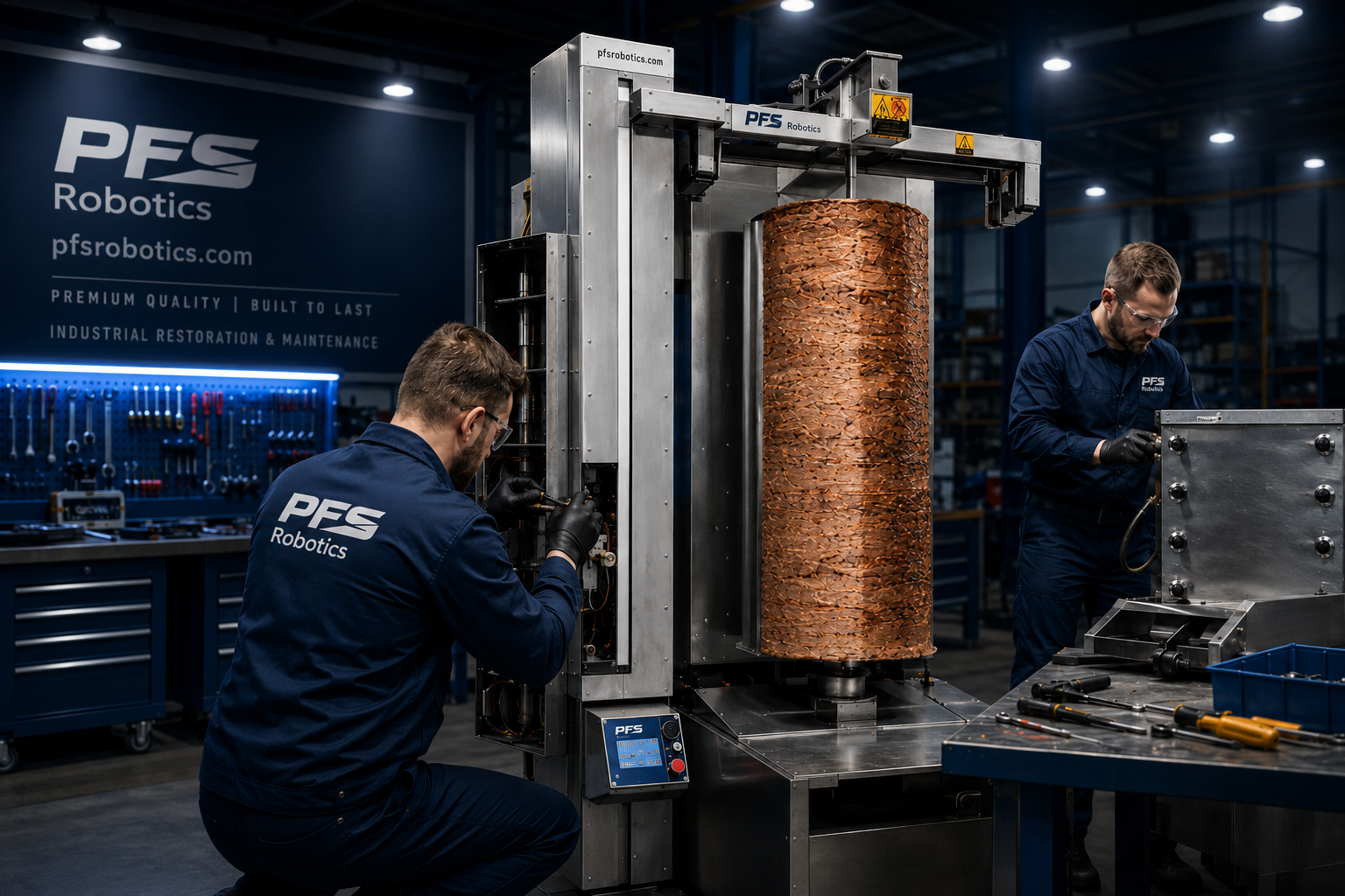 Döner robotu tamiri yapan teknik ekip, endüstriyel gıda makinesi üzerinde bakım ve revizyon çalışması gerçekleştiriyor